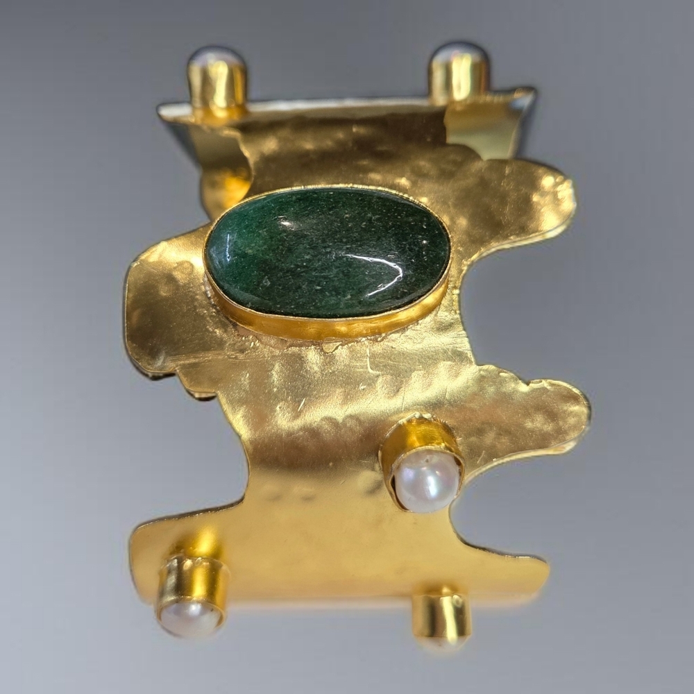 18k Gold Plated Artisan Freshwater Pearl Green Onyx Cuff Bracelet - Picture 4 of 7